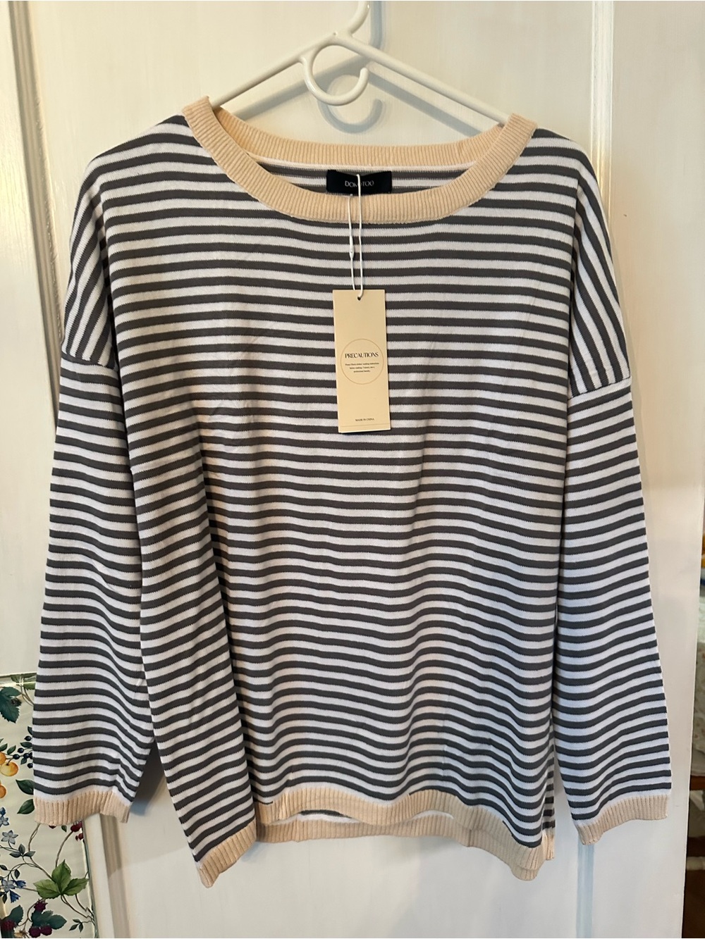Knit cotton top, grey stripe w/tan trim NWT
